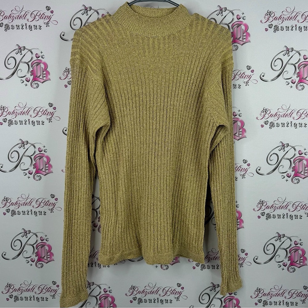 Westbound long sleeve sparkly glitter Elegant Ribbed Turtleneck Sweater - Gold
